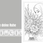 Text: "Finde deine Ruhe". Eine Frau hält einen Blumenstrauß. Ihr Kopftuch und Blumenmuster umgeben sie.