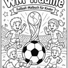"WM-Träume: Fußball-Malbuch für Kinder". Illustration von fröhlichen Kindern, die um einen großen Pokal und Ball herumspielen.