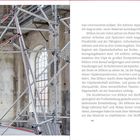 Ein großflächiger Text beschreibt den kreativen Prozess mit Silikon und Gips. Rechts eine Szene mit Baugerüst in einer alten Halle.