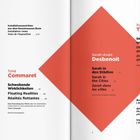 Text: Grußwort, Vorwort, Installationsansichten, Schwebende Wirklichkeiten, Sarah in den Städten, Intim und Politisch.  
Design: Rote geometrische Formen.