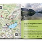 QR-Code 01, QR-Code 02, Vom Grundlsee nach Bad Mitterndorf, Drei Seen und eine Fast-Überschreitung, Leicht, 5:30 h, 500 m, 400 hm, 17 km. 
Links eine Karte der Region, rechts eine Seeansicht mit Bergen und Schwänen.