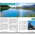 "Wandern im Kaisergebirge", "Autor". Foto von Berglandschaft mit See, Bäumen und Bergen; Bild eines Mannes sitzend auf Felsen.