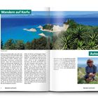 „Wandern auf Korfu“, „Cap Drastis“, „Autor“. Text über Korfu als Wanderziel. Bild: Küstenlandschaft mit blauem Meer. Foto eines Mannes.