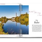 Aufschrift: "Der RuhrtalRadweg". Text über die Ruhr als Fluss und Radweg. Bild: Fluss mit Bäumen, Gebäude und Schornstein.