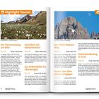 "Highlight-Touren" als Titel. Links: Tourenbeschreibungen mit Dauerangaben, Überschriften: "Der Panoramaweg am Elfer", "Genießen mit Gletscherblick". Rechts: "Der Wilde-Wasser-Weg", "Dolomitenfeeling in Tirol". Bilder: Blühende Wiesen, Berggipfel mit blauem Himmel.