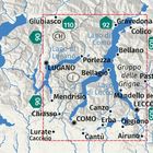 Landkarte mit Städtenamen wie Lugano, Como, Lecco und Seen wie Lago di Como, Lago di Lugano. Berge und Routen markiert.