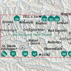 Ein Umriss von Nationalpark Hohe Tauern zeigt Orte wie Zell am See, Kaprun, und Lienz. Zahlen in Grünen Sechsecken markieren Punkte.
