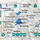 Eine Karte zeigt Orte wie Murnau, Kochel am See, Walchensee, umgeben von Seen und Straßen (179, 796). Grenze mit roten Linien markiert.