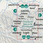 Landkarte mit Orten: Amstetten, Scheibbs, Mariazell. Berge und Flüsse markiert, rote Begrenzungslinie.
