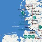 Karte von Norddeutschland zeigt Orte und Straßen. Orte: Husum, Hamburg, Itzehoe. Nordsee und Nationalpark Wattenmeer sichtbar.