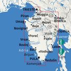 Karte der Halbinsel Istrien mit Städten wie Trieste, Pula und Rovinj. Meer umgibt die Halbinsel.