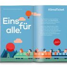 Links: "Eins für alle." Rechts: Text über das KlimaTicket. Unten: Illustration eines Zuges mit Menschen und einem Heißluftballon.