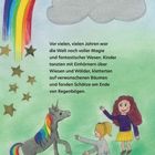Text über Magie, Kinder, Einhörner, Wälder und Regenbögen. Bunte Illustration mit Einhorn, Regenbogen, Kindern und Sternen.