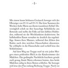 Seite "7", oben "- 1 -". Text: Uhrzeit 05:14, leises Wecker-Summen, Maria steht auf, überprüft Schlafzimmer.