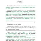 Story 1. The Real Boss of Cwm Derwen, auf einer Buchseite mit zweisprachigem Text und Vokabelhilfen.