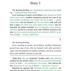 "Story 1", "The Morning Briefing", "GENIUS", Seite 11. Absätze mit englischem Text und deutschen Übersetzungen in Grün.