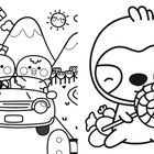 Links stehen keine Texte. Zwei niedliche Wesen, fahren ein Auto. Rechts: Ein weiteres Wesen mit Lolli. Sonne und Berge im Hintergrund.