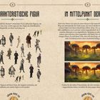 Text oben links: "Eine charakteristische Figur". Unten: Zeichnungen von Figuren. Rechts: Illustration eines Waldes mit riesigen Pilzen.