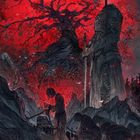 "WEBNOVEL" unten links. Große, kopflose Ritterstatue, Menschen in Ketten, roter Himmel, bedrohlicher Baum.