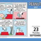 "Peanuts 2027" zeigt einen Comic mit Snoopy, der über einen Southern-Roman von Helen Sweetstory spricht. Datum: 23. September.