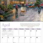 Zitat von Thomas Kinkade über Schönheit. April-Kalender mit Datumsangaben. Malerische Straßenszene mit Bäumen und Menschen.