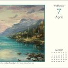 Wednesday, 7 April. Kalenderseite mit Landschaftsgemälde von Bergen, See, Enten und Waldhütte, April 2027 hervorgehoben.