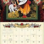 Oktoberkalender mit Gemälde einer Frau mit Totenkopfgesicht, Blumen im Haar und Tieren. Text unten: "SHAKE HANDS WITH CHAOS".