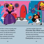 Illustration mit fröhlichen Figuren, die zu Musik tanzen. Ein blaues Wesen, Menschen in Königsgewändern, bunte Hintergründe.