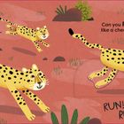 „Run like a cheetah – ready, set, go!“, „Can you RUN like a cheetah?“. Illustration: Drei Geparden rennen in Wüstenlandschaft.