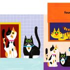 "two cats," "four!" Illustration von mehreren bunt gezeichneten Katzen mit nummerierten Halsbändern.