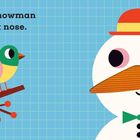 Text: "This little snowman has a carrot nose." Illustration eines Schneemanns mit Karottennase und Hut neben einem Vogel auf Ast.