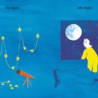 Links "My room.", rechts "My moon.". Sternenlichterkette, Teleskop, Person im Schlafanzug betrachtet Mond aus dem Fenster.