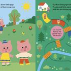 Drei kleine Schweinchen vor Häusern; Texte: "Once upon a time..." und "Can you show the three little pigs the way to their houses?"
