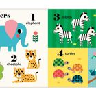 „Numbers“: 1 Elefant, 2 Geparden, 3 Zebras, 4 Schildkröten, 5 Vögel. Bunte Tierillustrationen.