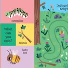 Texte: hive, flower, caterpillar, big bee, What can you spot?, branch, baby bee, Let's go home, baby bee, You're home! Illustration mit Bienen, Blumen und einem Bienenstock.