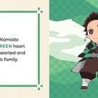 Auf der linken Seite steht: „Tanjiro Kamado wears a GREEN haori. He is kindhearted and loves his family.“ Rechts ist eine Zeichentrickfigur mit Schwert und grünem Haori.