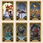 "THE FOOL", "TEN OF SWORDS", "ACE OF MOTHS", "QUEEN OF TOADSTOOLS", "KING OF TOADSTOOLS", "KING OF SWORDS". Sechs fantasievolle Tarotkarten.