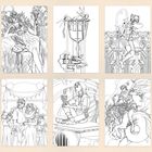 Sechs fantasievolle Illustrationen, darunter Feen und mythische Szenen mit Fabelwesen und zauberhaften Landschaften.