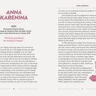 Titel: ANNA KARENINA. 1935. Regie: Clarence Brown. Drehbuch: Clemence Dane, Salka Viertel. Basierend auf Tolstois Roman. "We'll be punished for being so happy." Links: Text über Tolstois Roman. Rechts: Illustration einer sitzenden Frau in rosa Kleid. Rückblick auf Filmadaptionen.