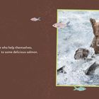 "Fortune favors those who help themselves, so why not help yourself to some delicious salmon." Ein Bär fängt Lachse im Wasser.