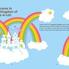 Text: "Welcome to the Kingdom of Care-A-Lot! Care-A-Lot is a magical kingdom up in the clouds..." Illustration einer Burg auf Wolken mit Regenbogen.