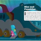 "Rise and Funshine" steht in großen Buchstaben. Ein pinker Bär sitzt in einem bunten Fahrzeug mit Herzrädern und Regenbogen.