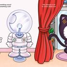 Texte: "Should she be something scary? Should she be something cute? She chooses a cat in a furry black suit."  
Links bunte Kostüme, rechts Hello Kitty im Katzenkostüm.