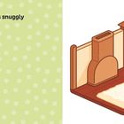 Text: „Cuddle up in this snuggly ski lodge.“ Illustration einer gemütlichen Skihütte mit Kamin. Hintergrund grün mit weißen Blumen.