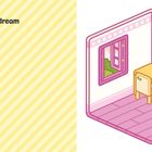 Text: "Chill out in this dream game room." Illustration eines pinken Zimmers mit Tisch und Stuhl.