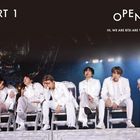 Text oben: "Part 1", "Opening", "Hi, we are BTS! Are you ready, ARMY?".  
Unten sitzen sieben Personen in weißen Outfits.