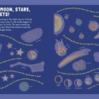 I SEE THE MOON, STARS, AND PLANETS! Text erklärt Planeten, Sternbilder und Astronomie mit Illustrationen der Himmelskörper.