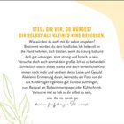 Text: "Stell dir vor, du würdest dir selbst als kleines Kind begegnen." Illustration mit Blättern auf der linken Seite.