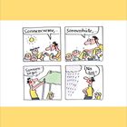 Comic mit vier Panels. Oben: "Sonnencreme...", "Sonnenhüte..." Unten: "Sonnensegel...", "Na toll!" Regen fällt.