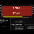 Texte: "SPEED 589MPH", Codes, IP-Server-Liste. Optik: Computercode, rotes Infokästchen.